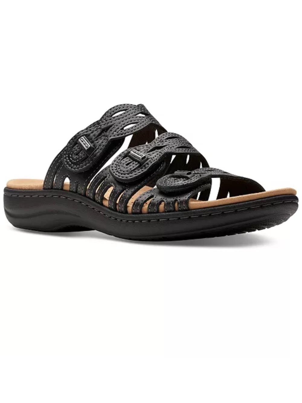 Clarks Laurieann Black Leather Woven Triple-Strap Slide Sandals Size 7 - Picture 3 of 8